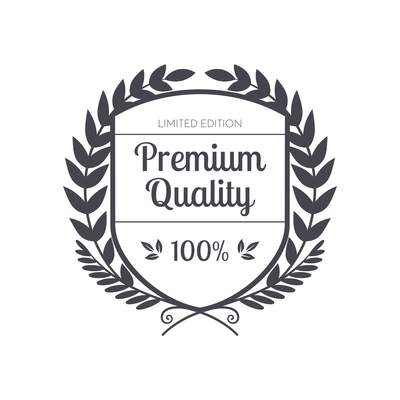 Premium monochrome emblem realistic composition with ornate text and laurel wreath isolated vector illustration