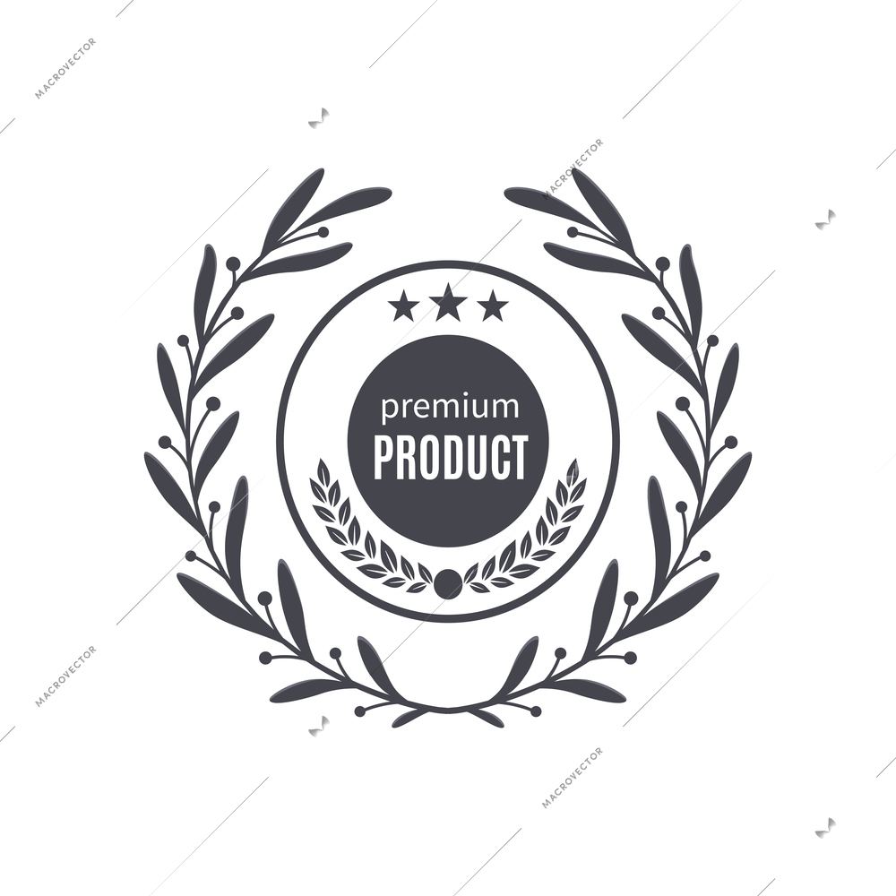 Premium monochrome emblem realistic composition with ornate text and laurel wreath isolated vector illustration