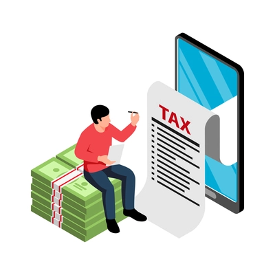 Isometric tax service accounting composition with man sitting on banknotes stack with receipt in smartphone vector illustration