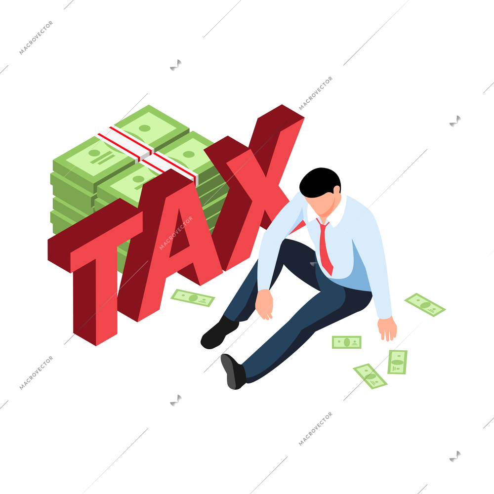 Isometric tax service accounting composition with character of distracted man surrounded by cash with text vector illustration