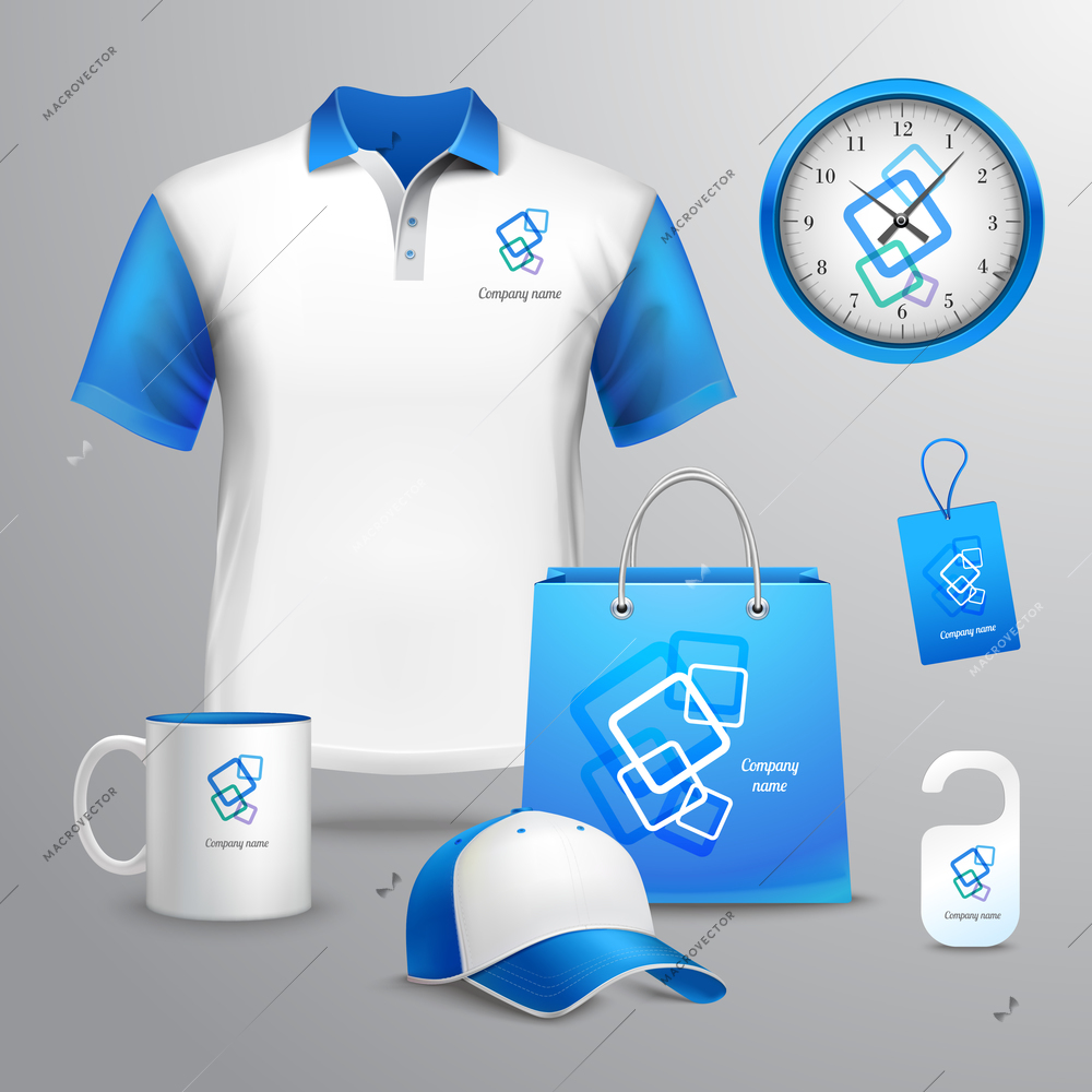 Corporate identity blue template decorative set with t-shirt clock cap vector illustration