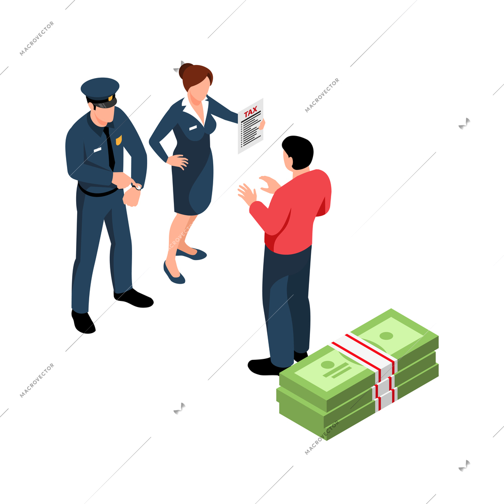 Isometric tax service accounting composition with police officer characters with man and stack of cash vector illustration