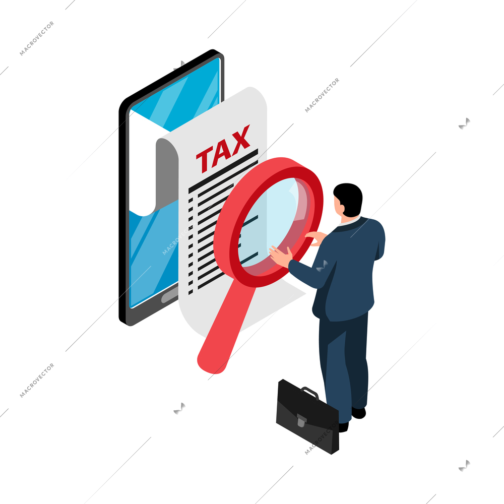 Isometric tax service accounting composition with male character with hand glass and smartphone with receipt vector illustration