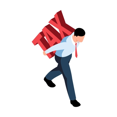 Isometric tax service accounting composition with male character carrying 3d text on his back vector illustration