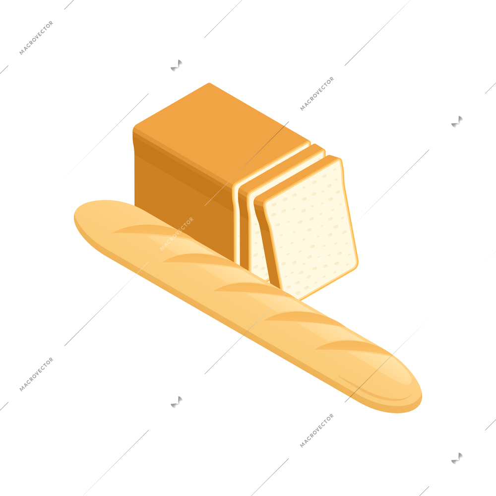 Bakery confectionery pizza isometric composition with isolated image of french and toast bread with slices vector illustration