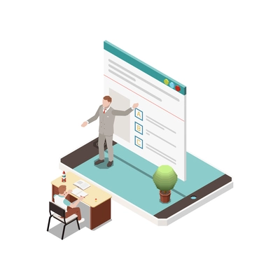 Online education isometric concept icons composition with isolated image of tablet with teacher test and pupil at desk vector illustration