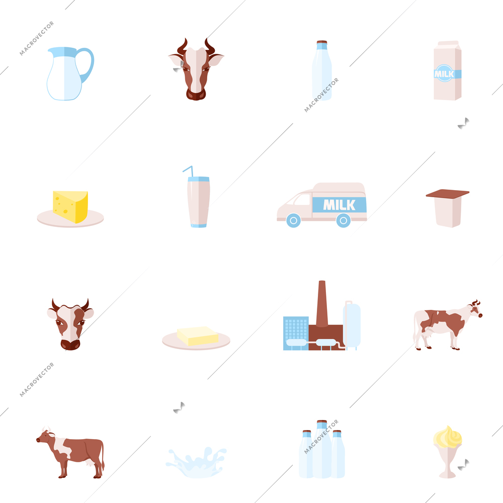 Milk dairy product flat icons set with cow cheese yogurt cream isolated vector illustration