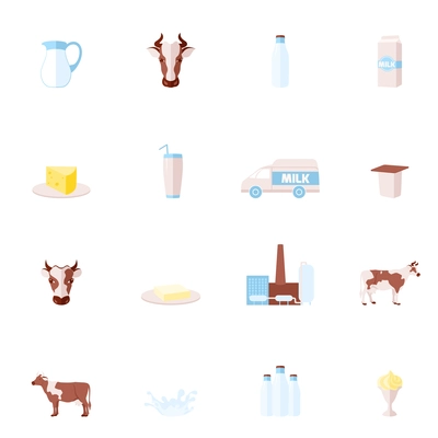 Milk dairy product flat icons set with cow cheese yogurt cream isolated vector illustration