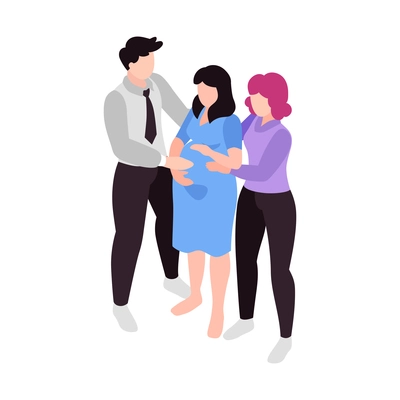 Isometric surrogacy adoption custody composition with characters of parents taking care of pregnant surrogate mother vector illustration