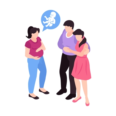 Isometric surrogacy adoption custody composition with character of pregnant woman and childless couple vector illustration