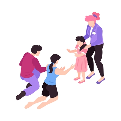 Isometric surrogacy adoption custody composition with characters of agent parents standing on knees adopting girl vector illustration