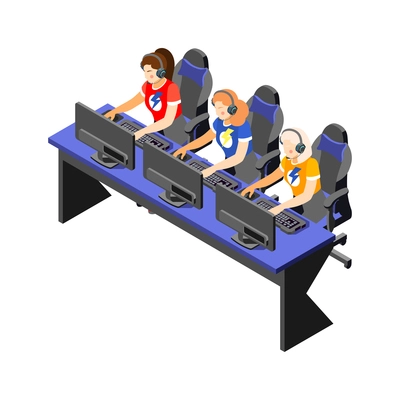 Cybersport isometric composition with characters of female players at computer table vector illustration