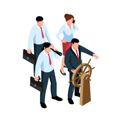 Isometric teamwork brainstorm composition with human characters of coworkers with bags and steering wheel vector illustration