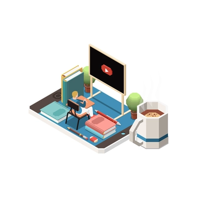 Online education isometric concept icons composition with isolated image of working place on top of smartphone vector illustration