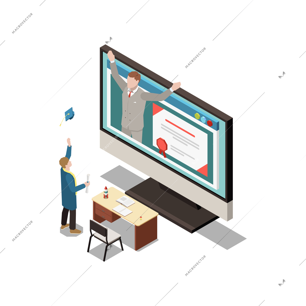 Online education isometric concept icons composition with isolated image of computer with tutor diploma and happy student vector illustration