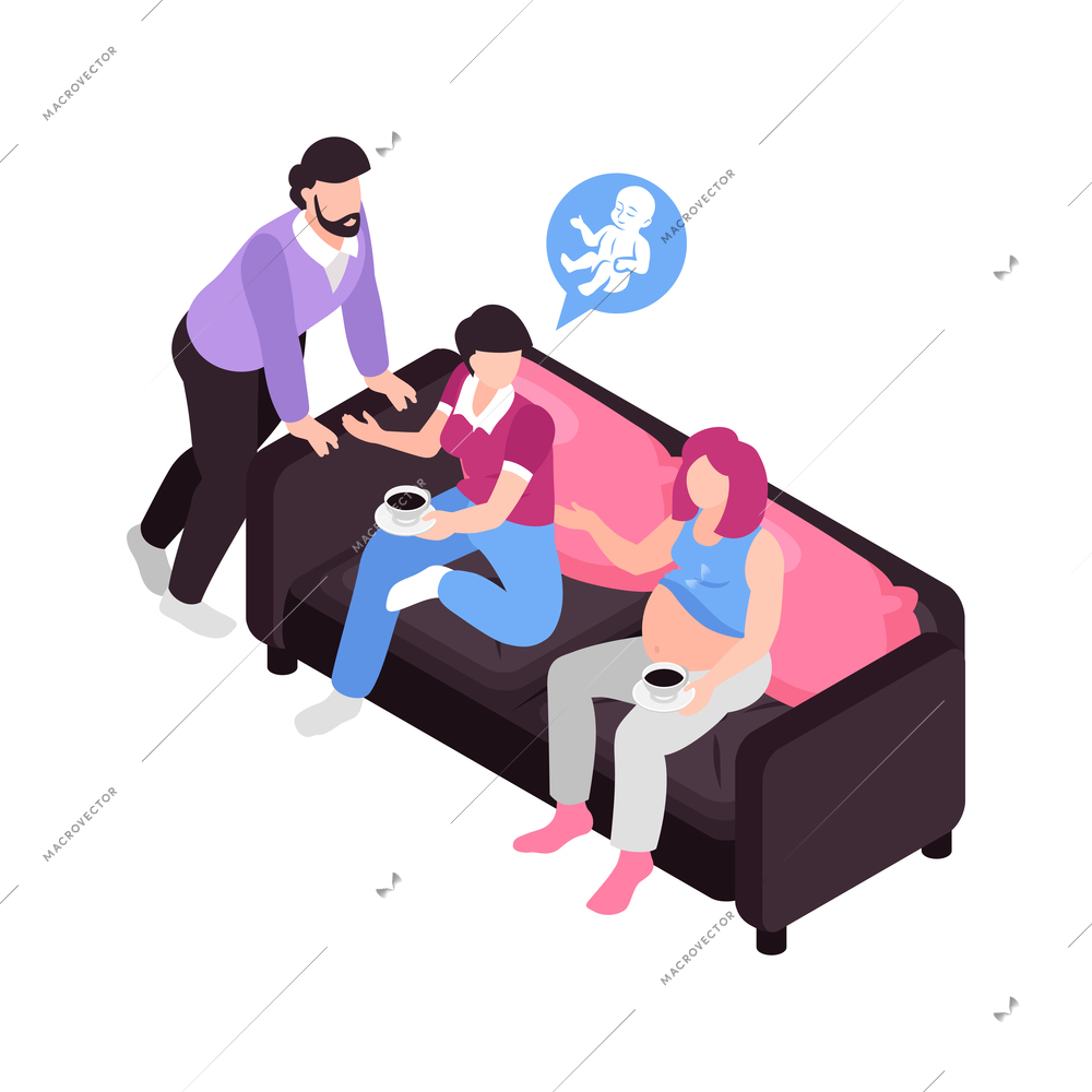 Isometric surrogacy adoption custody composition with surrogate mother drinking coffee with adopting parents vector illustration