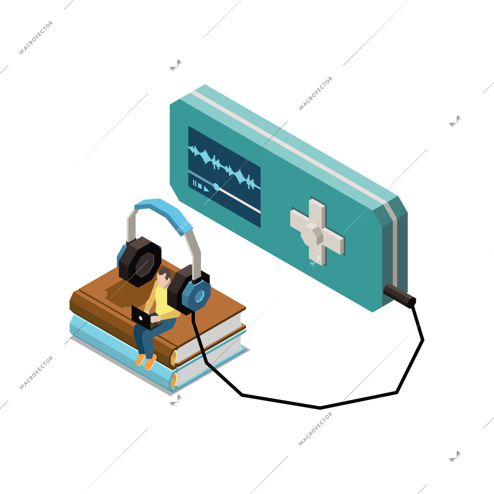 Online education isometric concept icons composition with isolated image of mp3 player with headphones and student on books stack vector illustration