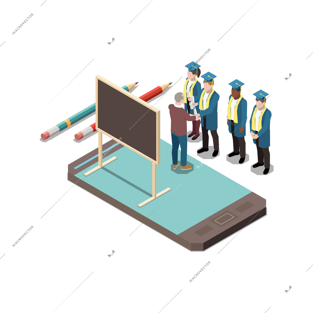 Online education isometric concept icons composition with human characters of students in academic hats with smartphone vector illustration