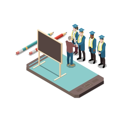 Online education isometric concept icons composition with human characters of students in academic hats with smartphone vector illustration