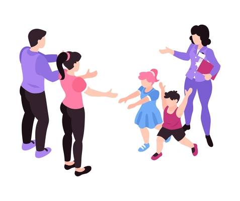 Isometric surrogacy adoption custody composition with characters of female agent and parents adopting kids vector illustration