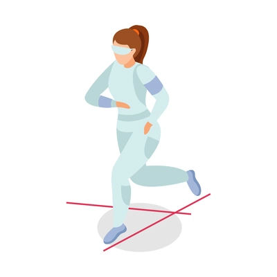 Special agent spy isometric composition with isolated character of girl running through laser lines vector illustration