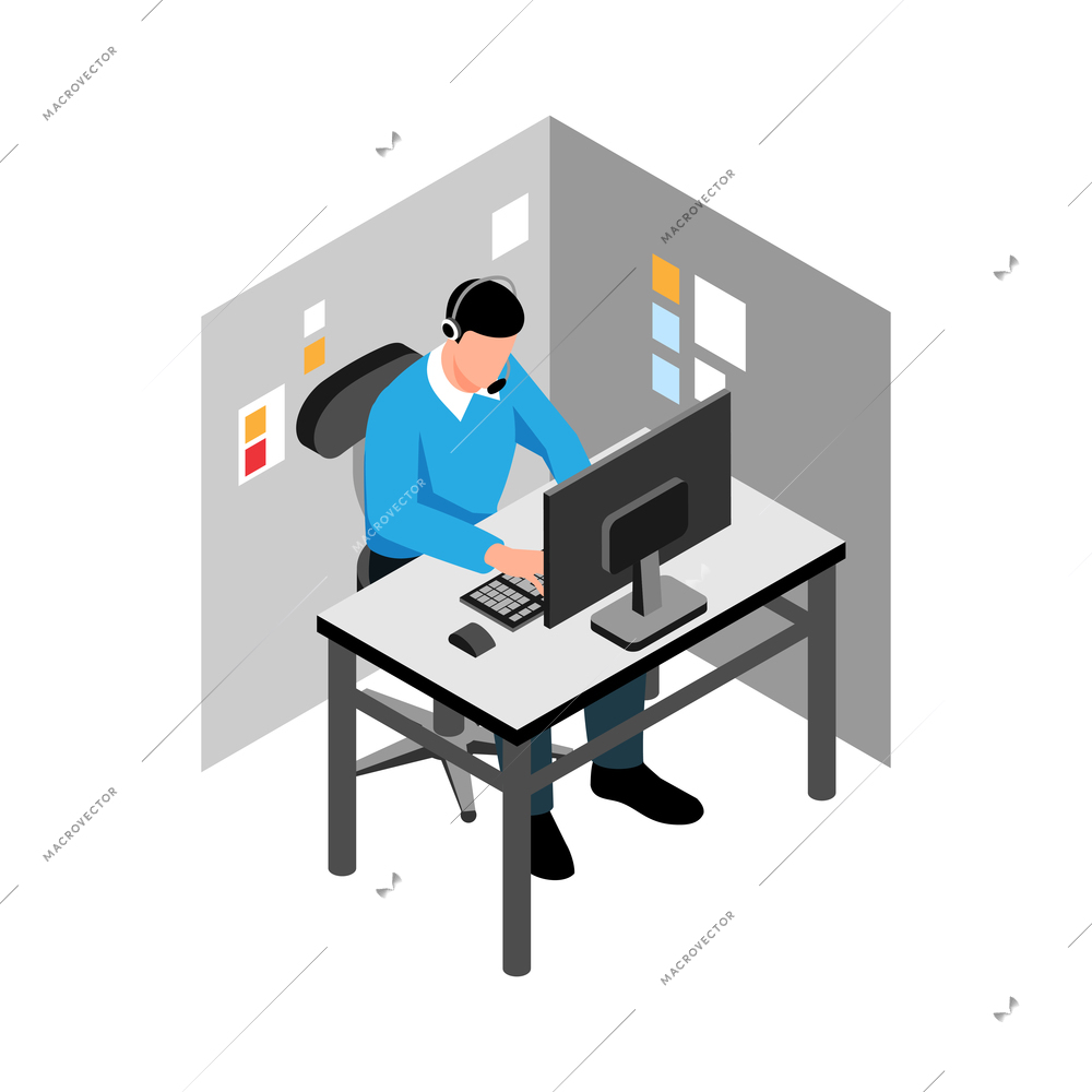 Isometric call center support composition with human character of worker at workplace with computer and headset vector illustration