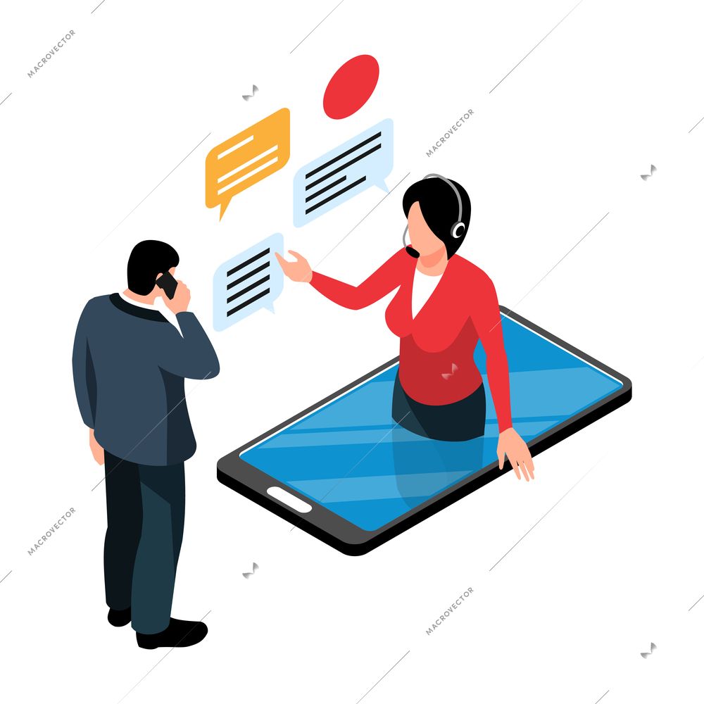 Isometric call center support composition with male customer character and female support agent in smartphone vector illustration