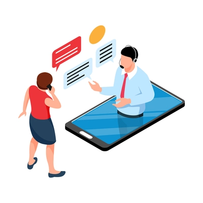 Isometric call center support composition with calling woman and male tech support agent in smartphone vector illustration