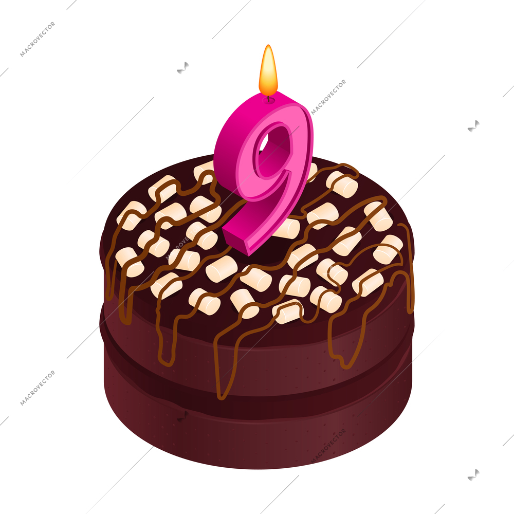 Birthday cake composition with isolated image of sweet cake for anniversary with cream toppings and digit shaped candle isometric vector illustration