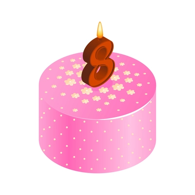 Birthday cake composition with isolated image of sweet cake for anniversary with cream toppings and digit shaped candle isometric vector illustration