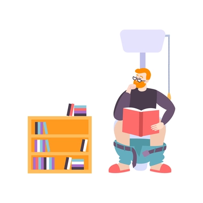 Book people composition with human character of man reading book sitting on toilet bowl vector illustration