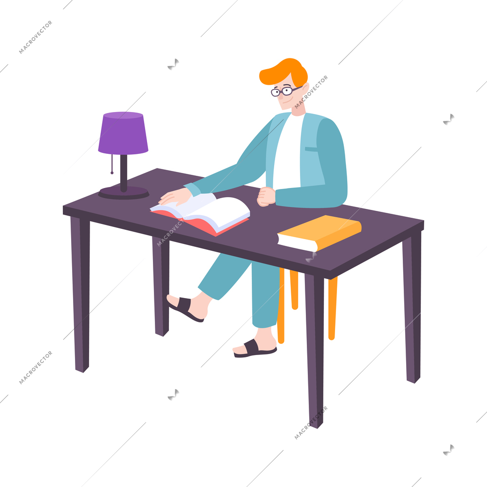 Book people composition with view of male character sitting at table reading books vector illustration