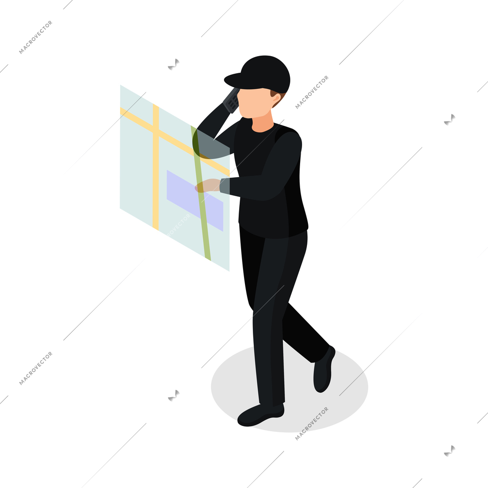 Special agent spy isometric composition with isolated human character in black costume checking hologaphic map vector illustration