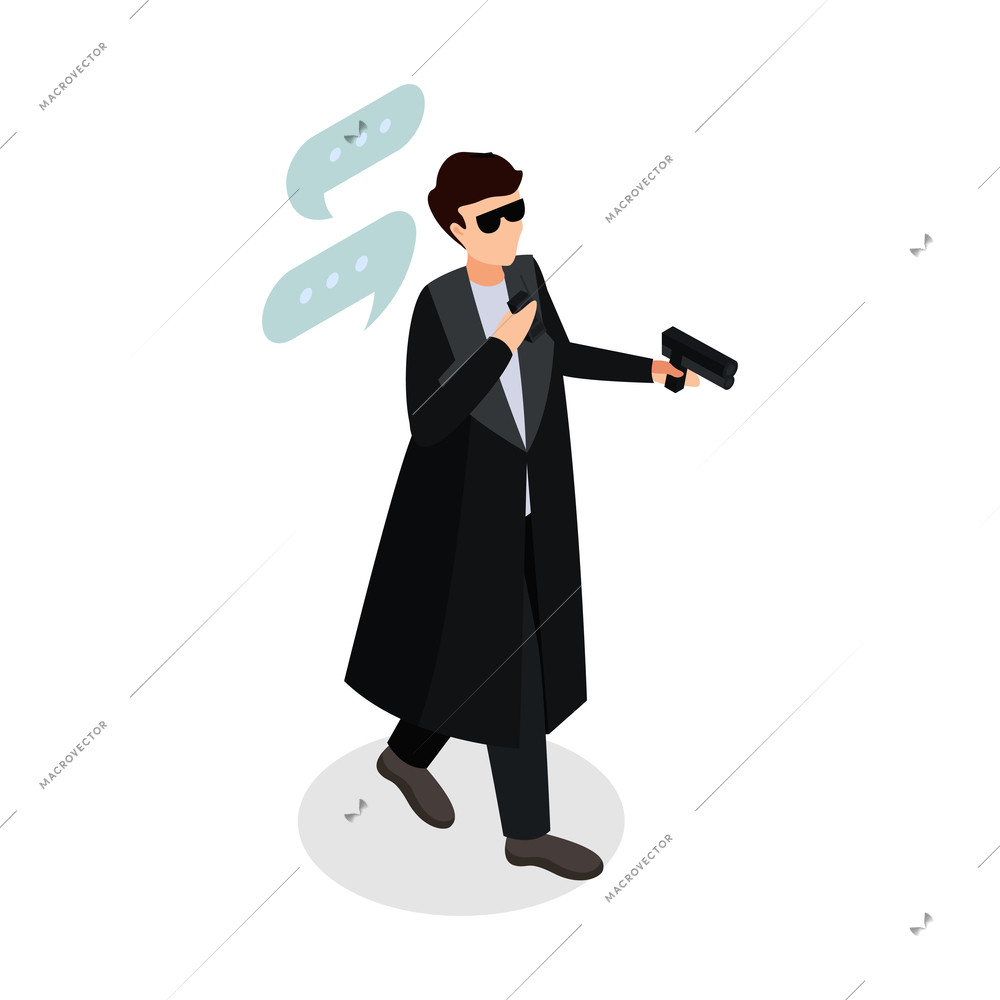 Special agent spy isometric composition with isolated human character wearing black costume with gun and chat bubbles vector illustration