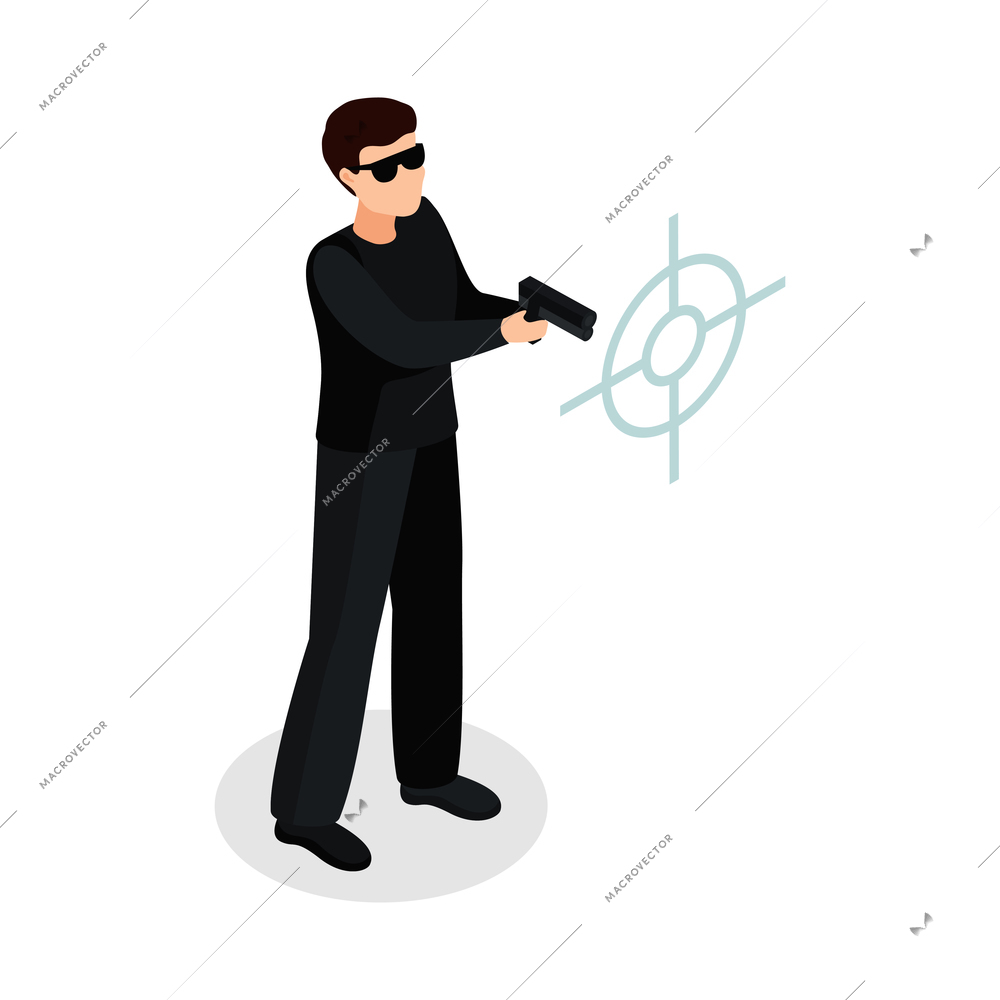 Special agent spy isometric composition with isolated human character in black costume holding pistol with target sign vector illustration