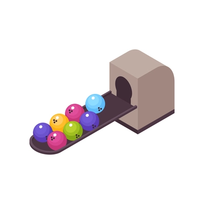 Bowling sport game entertainment isometric composition with line of balls with hole appliance vector illustration