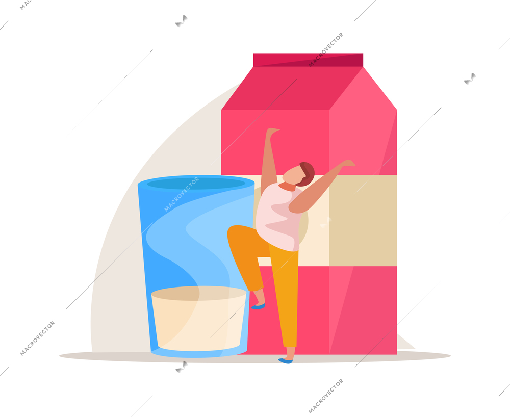 Morning people flat composition with character of man and glass of milk with package vector illustration