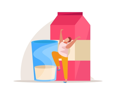 Morning people flat composition with character of man and glass of milk with package vector illustration