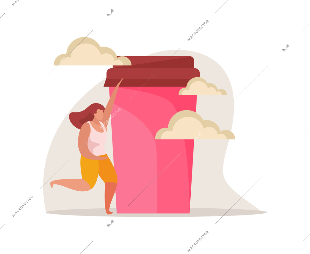 Morning people flat composition with images of clouds running woman and big carton cup of coffee vector illustration