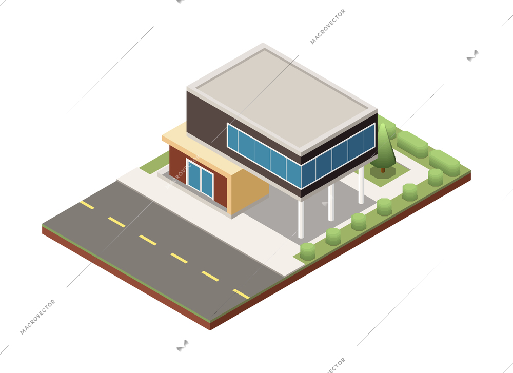 Suburban residential houses neighborhood composition with isolated image of dwelling place with buildings pavement and road vector illustration