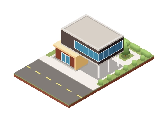 Suburban residential houses neighborhood composition with isolated image of dwelling place with buildings pavement and road vector illustration