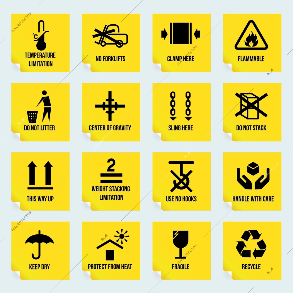 Handling and packing yellow stickers set with temperature limitation flammable no stack symbols isolated vector illustration