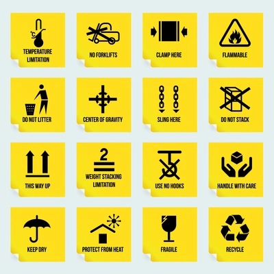 Handling and packing yellow stickers set with temperature limitation flammable no stack symbols isolated vector illustration