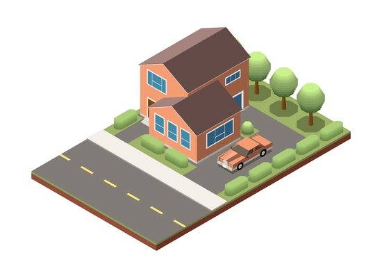 Suburban residential houses neighborhood composition with isolated image of dwelling place with buildings pavement and road vector illustration