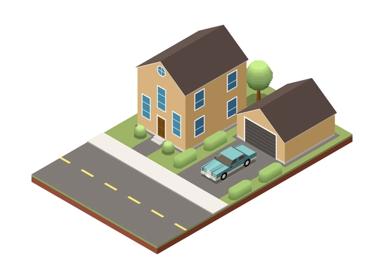 Suburban residential houses neighborhood composition with isolated image of dwelling place with buildings pavement and road vector illustration