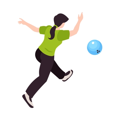 Bowling sport game entertainment isometric composition with human character of player throwing ball vector illustration