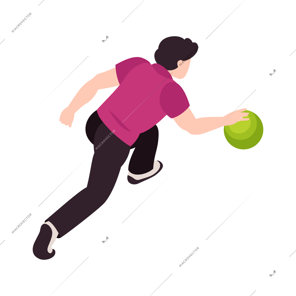 Bowling sport game entertainment isometric composition with human character of player throwing ball vector illustration