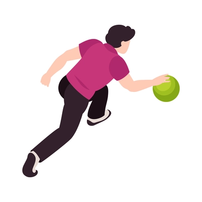 Bowling sport game entertainment isometric composition with human character of player throwing ball vector illustration