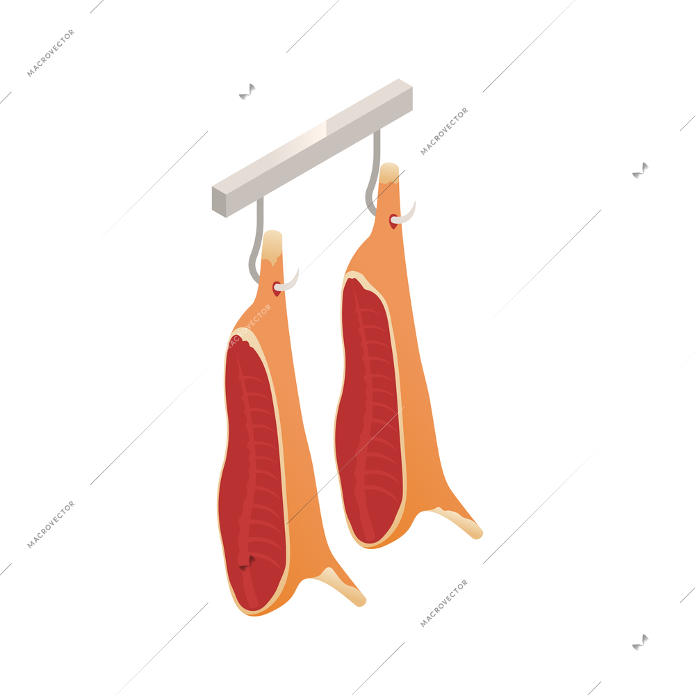 Butcher isometric composition with isolated image of rail with hanging meat vector illustration