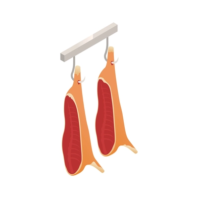 Butcher isometric composition with isolated image of rail with hanging meat vector illustration